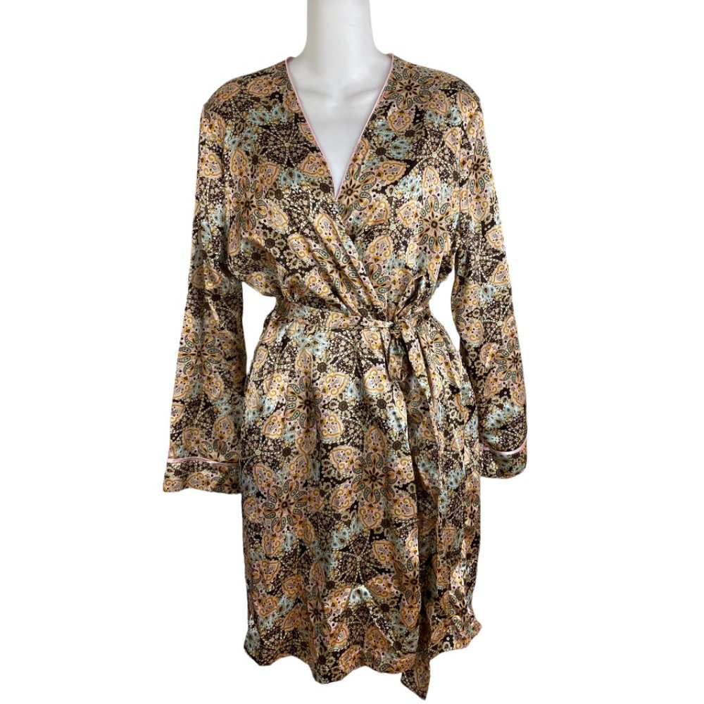 Adonna satin robe silky brown pink Paisley print Sz M bathrobe sexy intimates